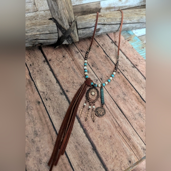 New Original Design Boho Western Brown Suede Cord With Beads & Charms Necklace - Picture 3 of 6